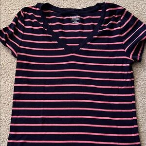 Merona Navy and Pink Striped V-Neck Tee
